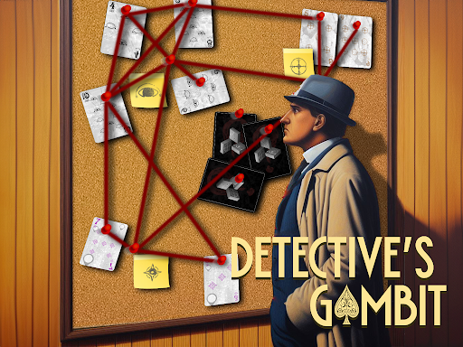 Cover of the game Detective's Gambit - A detective looking at a board with strings and card connected to each other.